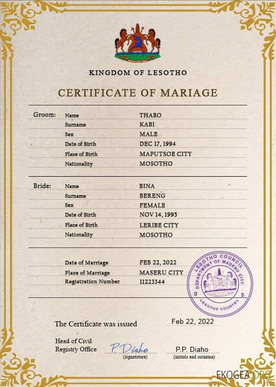 Modèle PSD de certificat de mariage du Lesotho